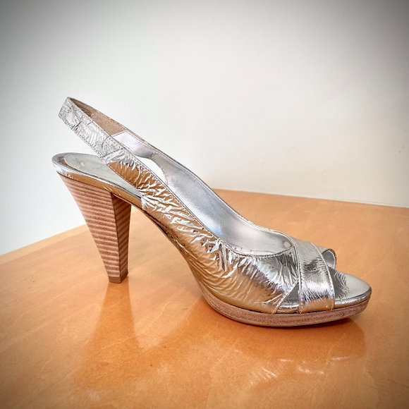J. Crew RARE Colette Mirror Platform Metallic Silver Slingback Pumps - Picture 4 of 16